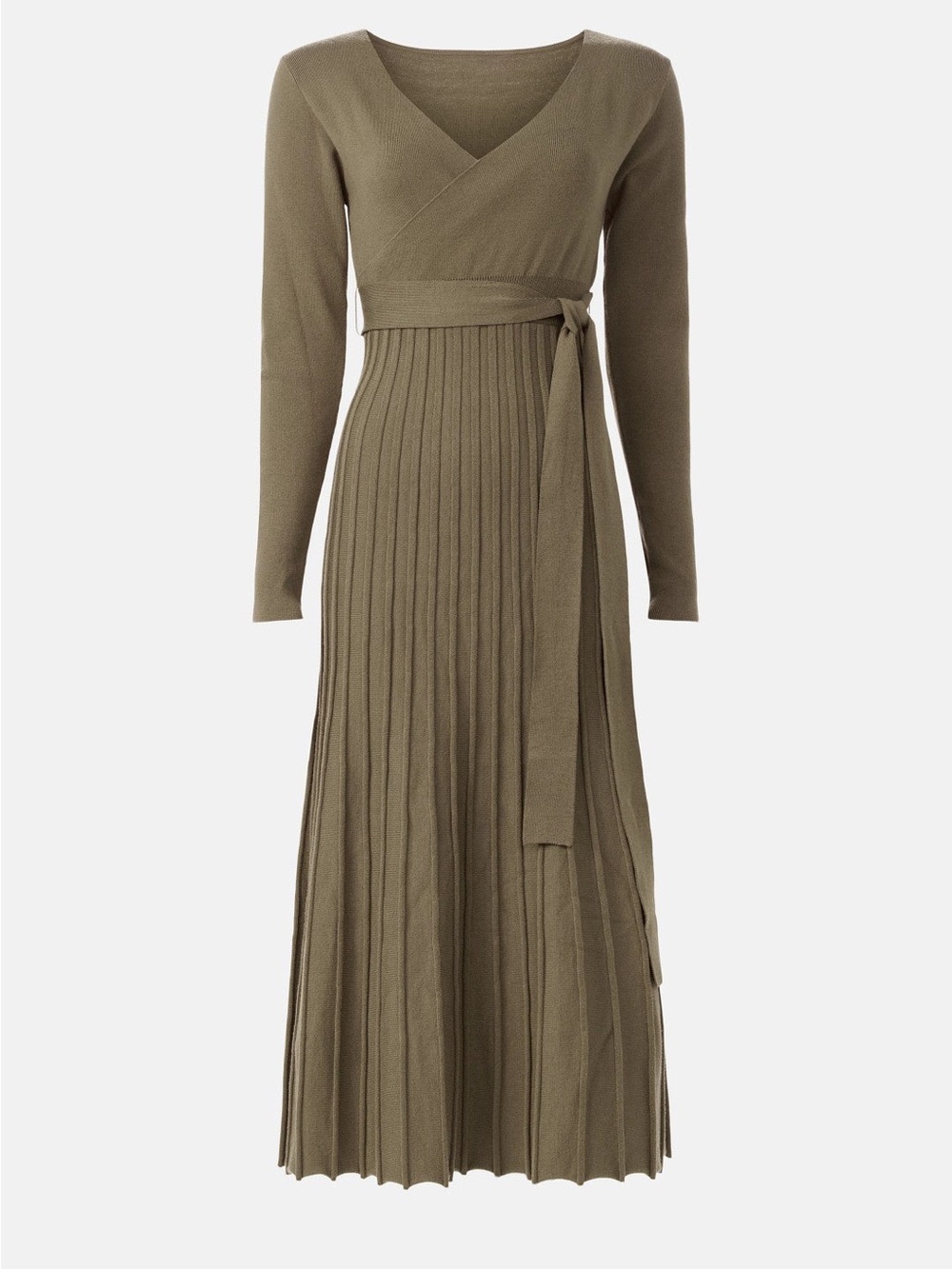Tie-Waist Long Sleeve V-Neck Midi Dress in Olive - Picture 5 of 9